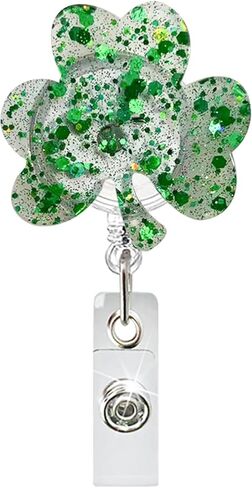 Irish Lucky Clover Badge Reel St Patrick's Day Badge Reels Retractable Acrylic ID Badge Holder Glitter Shamrock Badge Clip St Patricks Day Badge Holders for Nurse Doctor Teacher Student Employee in Saudi Arabia