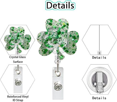 Irish Lucky Clover Badge Reel St Patrick's Day Badge Reels Retractable Acrylic ID Badge Holder Glitter Shamrock Badge Clip St Patricks Day Badge Holders for Nurse Doctor Teacher Student Employee in Saudi Arabia