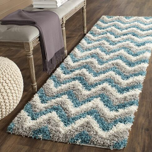 SAFAVIEH Kids Shag Collection Runner Rug - 2'3" x 7', Ivory & Blue, Chevron Design, Non-Shedding & Easy Care, 2-inch Thick Ideal for High Traffic Areas in Living Room, Bedroom (SGK568C) in Saudi Arabia