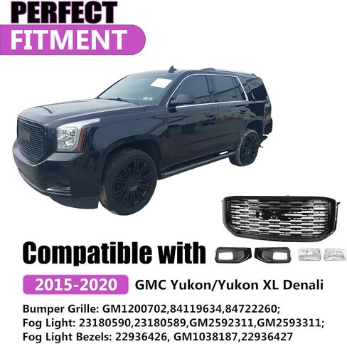 JX RACING Grille Set 5pcs Compatible with 2015-2020 GMC Yukon/Yukon XL Denali Style Black Front Upper Bumper Grille Grill & Fog Light & Fog Light Bezels Cover for GM1200702 84722260 22936426 23180590 in Kuwait