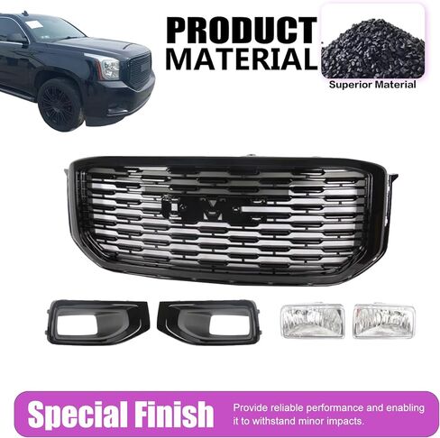 JX RACING Grille Set 5pcs Compatible with 2015-2020 GMC Yukon/Yukon XL Denali Style Black Front Upper Bumper Grille Grill & Fog Light & Fog Light Bezels Cover for GM1200702 84722260 22936426 23180590 in Kuwait