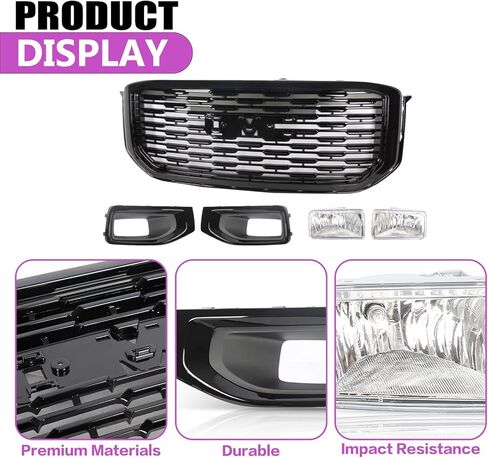 JX RACING Grille Set 5pcs Compatible with 2015-2020 GMC Yukon/Yukon XL Denali Style Black Front Upper Bumper Grille Grill & Fog Light & Fog Light Bezels Cover for GM1200702 84722260 22936426 23180590 in Kuwait
