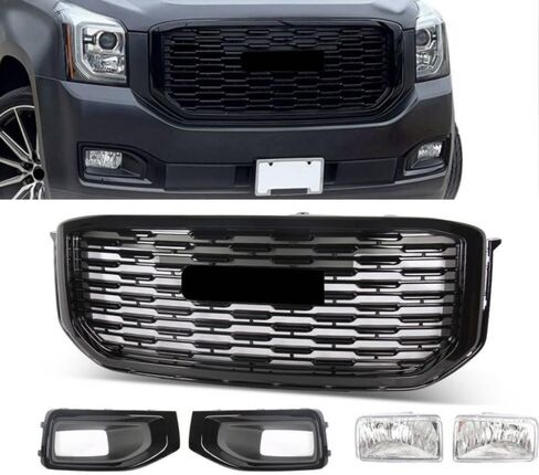 JX RACING Grille Set 5pcs Compatible with 2015-2020 GMC Yukon/Yukon XL Denali Style Black Front Upper Bumper Grille Grill & Fog Light & Fog Light Bezels Cover for GM1200702 84722260 22936426 23180590 in Kuwait