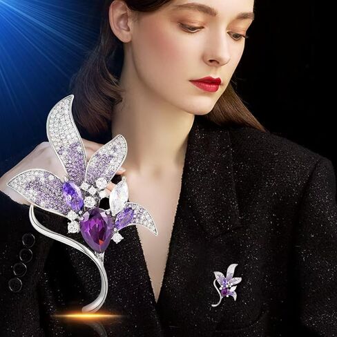 Crystal Jade Orchid Brooch for Women Sparkling Rhinestone Leaf Shape Bouquet Pin Elegant Purple Green Bridal Wedding Flower Brooch Fashion Clothing Hat Bag Accessories Christmas Birthday Party Wedding Costume Jewelry in Saudi Arabia