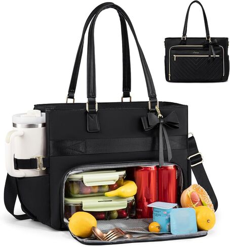 LOVEVOOK Laptop Tote Bag for Women, Insulated Lunch Bag, Large Capacity Teacher Nurse Bag for Work with Large Cup Holder Water Resistant, Womens Crossbody Handbags fit 17.7 Inch Laptop, Black in Saudi Arabia