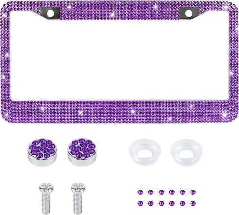 Bling License Plate Frame, Rhinestone Car License Plate Frames, Stainless Steel License Plate Cover with Glitter Crystal Caps, Sparkly Car Accessories for Women Girls Gift (Purple) in Saudi Arabia