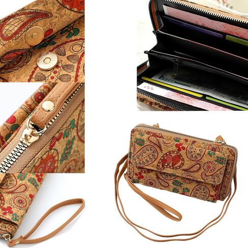 محفظة الفلين - حقيبة محفظة الهاتف النسائية مع حزام/معصم، محفظة طويلة للسيدات بسحاب مع فتحات متعددة للبطاقات وجيب للعملات المعدنية in Kuwait