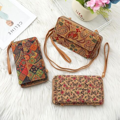 محفظة الفلين - حقيبة محفظة الهاتف النسائية مع حزام/معصم، محفظة طويلة للسيدات بسحاب مع فتحات متعددة للبطاقات وجيب للعملات المعدنية in Kuwait