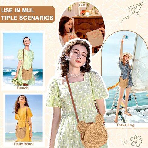 محفظة من القش على شكل أذن الفأر للنساء - حقيبة كروس بوهو منسوجة من Kawaii Rattan، حقائب يد للشاطئ من الخيزران للصيف لقضاء العطلات in Saudi Arabia