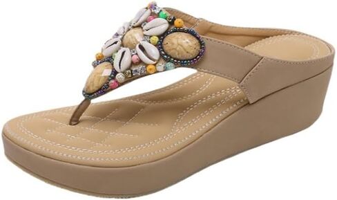 Women's Retro Wedge Sandals, Hollow Toe Trendy Flip Flops Shoes, Gemstone Decoration Design Casual Slingback Sandals in Kuwait