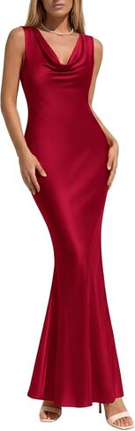 KIRUNDO Womens Summer Cowl Neck Sleeveless Satin Maxi Dress Elegant Bodycon Cocktail Wedding Guest Party Long Dresses in Saudi Arabia