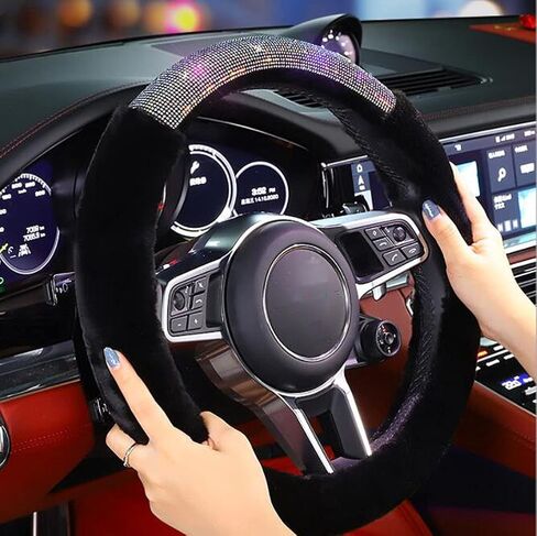 غطاء عجلة القيادة D-CC كريستال دايموندز رقيق للنساء والفتيات ديكور فاخر قابل للتنفس عديم الرائحة عالمي 15 بوصة غطاء تغليف السيارة (C، أسود) in Kuwait