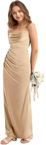 فستان طويل لوصيفات العروس من الساتان والحرير والأشرطة الأنيقة فساتين فتاة الزهور للمراهقين لحفلات الزفاف وحفلات الضيوف مع فتحة بلون الشمبانيا مقاس 12 in Kuwait