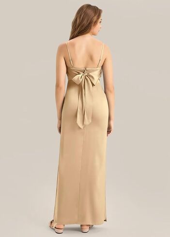 فستان طويل لوصيفات العروس من الساتان والحرير والأشرطة الأنيقة فساتين فتاة الزهور للمراهقين لحفلات الزفاف وحفلات الضيوف مع فتحة بلون الشمبانيا مقاس 12 in Kuwait