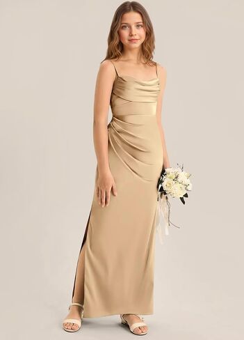 فستان طويل لوصيفات العروس من الساتان والحرير والأشرطة الأنيقة فساتين فتاة الزهور للمراهقين لحفلات الزفاف وحفلات الضيوف مع فتحة بلون الشمبانيا مقاس 12 in Kuwait