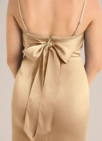 فستان طويل لوصيفات العروس من الساتان والحرير والأشرطة الأنيقة فساتين فتاة الزهور للمراهقين لحفلات الزفاف وحفلات الضيوف مع فتحة بلون الشمبانيا مقاس 12 in Kuwait