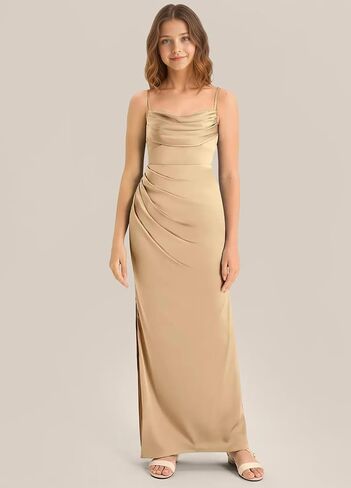 فستان طويل لوصيفات العروس من الساتان والحرير والأشرطة الأنيقة فساتين فتاة الزهور للمراهقين لحفلات الزفاف وحفلات الضيوف مع فتحة بلون الشمبانيا مقاس 12 in Kuwait