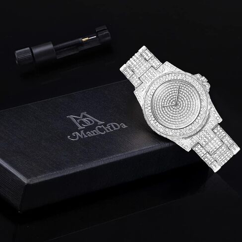 ساعة ManChDa فضية للنساء من الداخل مرصعة بالماس بالكامل وحجر الراين مثلج من الكوارتز والكريستال والستانلس ستيل للسيدات in Kuwait