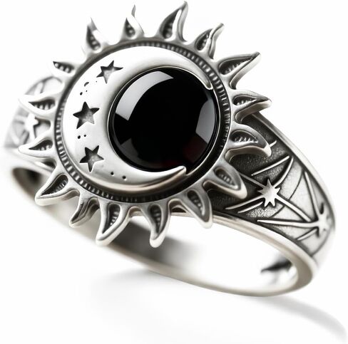 Vintage Sterling Silver Crystal Ring, Boho Sun Moon Star Statement Jewelry, Natural Gemstone, Round Shape for Women in Kuwait