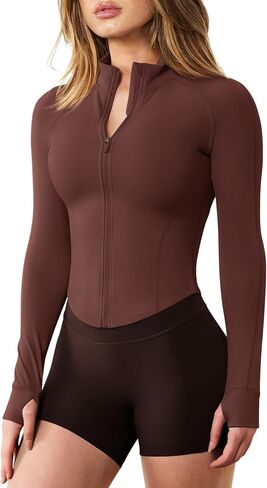 GYM RAINBOW Womens Zip Up Workout Jacket Cropped Slim Fit Athletic Jacket Lightweight Gym Yoga Tops with Thumb Holes(#1 Cinnamon Bark,Medium) in Kuwait