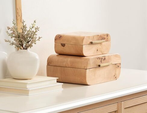 Kate and Laurel Burlock Decorative Burlwood Stacking Storage Box Set of 2, 10 x 8 and 8 x 6, Natural Wood, Modern Glam Two-Piece Box Set with Handles for Use as Jewelry Boxes or Perfume Organizers in Saudi Arabia