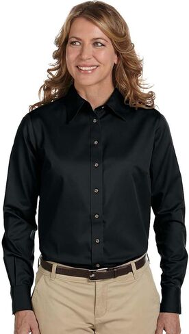 Harriton Ladies' Easy Blend™ Long-Sleeve Twill Shirt with Stain-Release M BLACK in Kuwait