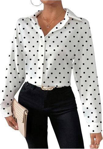 GORGLITTER Women's Polka Dots Button Up Shirts Long Sleeve Fall Work Business Dressy Shirt Tops in Saudi Arabia