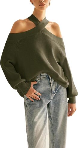 Women Halter Cross Over Collar Shoulder Sweater Loose Fit Solid Color Knit Tops in Saudi Arabia
