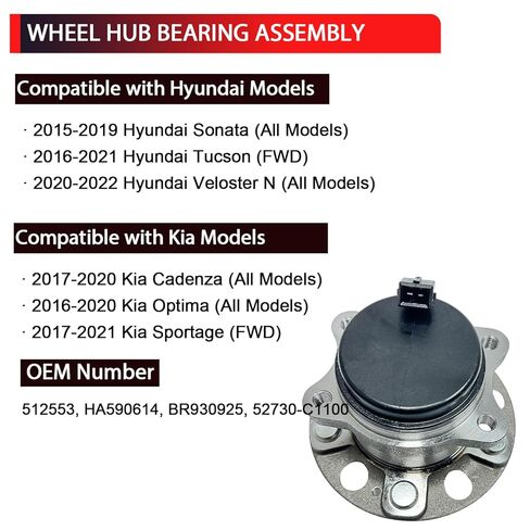 512553 Rear Wheel Bearing Hub Assembly Compatible with Hyundai Sonata 2015-2019 Tucson 2016-2021 Veloster N 2020-2022, Kia Cadenza 2017-2020 Optima 2016-2020 Sportage 2017-2021, 5 Lugs w/ABS in Saudi Arabia