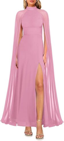 MAYFASEY Women's Elegant Long Sleeve Halter Neck Sexy Split Cocktail Evening Party A Line Maxi Long Formal Dress with Cape in Kuwait