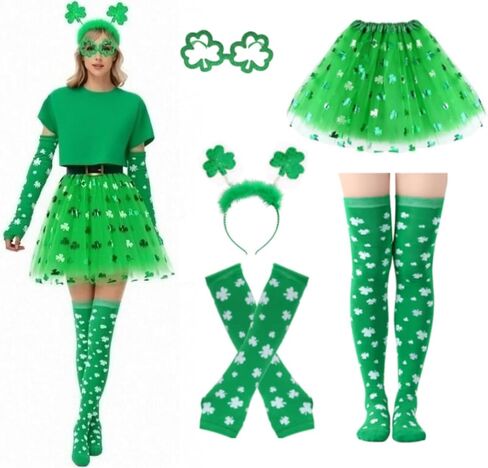مجموعة إكسسوارات زي عيد القديس باتريك للنساء، تنورة توتو خضراء، قفازات لتدفئة الذراع، جوارب عالية، عصابة رأس ونظارات 5 قطع من إكسسوارات الحفلات in Kuwait