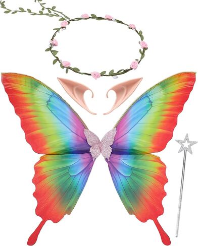 Fairy Wings Costume Set - 4 Pcs Colorful Butterfly Wings Elf Ears Flower Crown Fairy Wand Halloween Costume in Kuwait