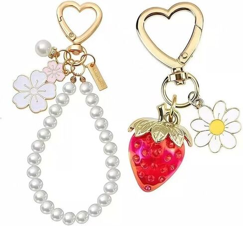 2 قطعة لطيف الكرز الفراولة اللؤلؤ سلاسل المفاتيح للنساء زهرة Kawaii حقيبة Charms محفظة اكسسوارات لحقائب اليد مفتاح السيارة in Saudi Arabia