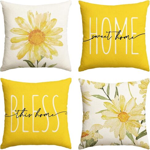 AVOIN colorlife Home Sweet Home الربيع الصيف الزهور الصفراء أغطية وسادة رمي، 18 × 18 بوصة كيس وسادة لأريكة الأريكة مجموعة من 4 in Kuwait
