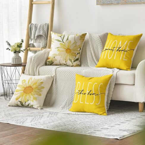 AVOIN colorlife Home Sweet Home الربيع الصيف الزهور الصفراء أغطية وسادة رمي، 18 × 18 بوصة كيس وسادة لأريكة الأريكة مجموعة من 4 in Kuwait