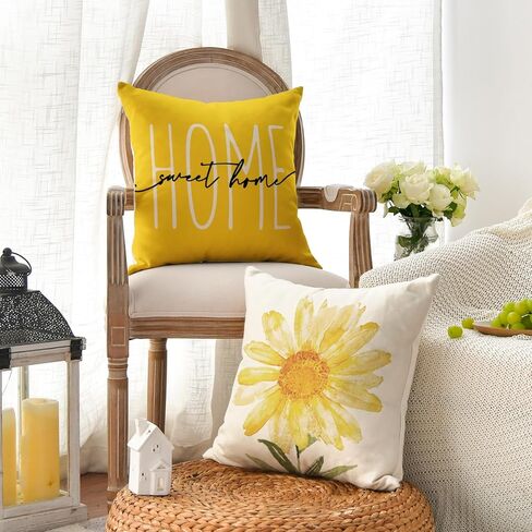 AVOIN colorlife Home Sweet Home الربيع الصيف الزهور الصفراء أغطية وسادة رمي، 18 × 18 بوصة كيس وسادة لأريكة الأريكة مجموعة من 4 in Kuwait