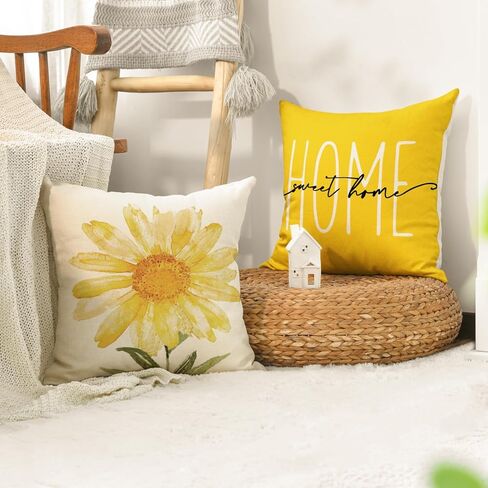 AVOIN colorlife Home Sweet Home الربيع الصيف الزهور الصفراء أغطية وسادة رمي، 18 × 18 بوصة كيس وسادة لأريكة الأريكة مجموعة من 4 in Kuwait