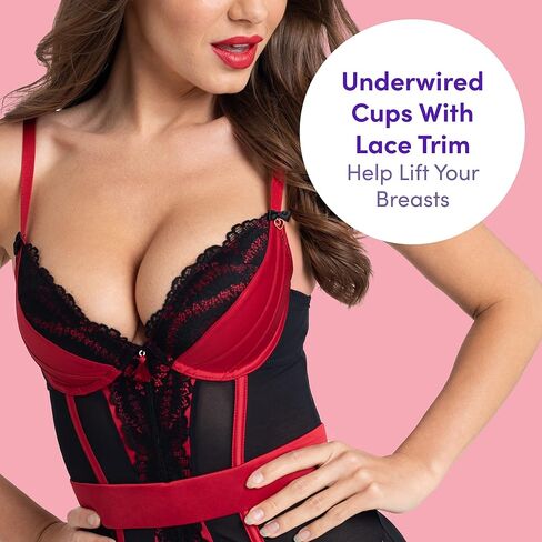 مجموعة الملابس الداخلية المثيرة من Lovehoney Red Empress من الساتان والدانتيل الباسكي - مشد تحت الصدر بتصميم بوستير مع سلسلة G وأشرطة الرباط - متوسط: 6-8 in Kuwait