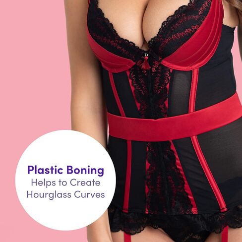 مجموعة الملابس الداخلية المثيرة من Lovehoney Red Empress من الساتان والدانتيل الباسكي - مشد تحت الصدر بتصميم بوستير مع سلسلة G وأشرطة الرباط - متوسط: 6-8 in Kuwait