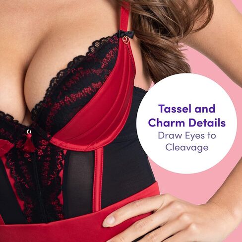 مجموعة الملابس الداخلية المثيرة من Lovehoney Red Empress من الساتان والدانتيل الباسكي - مشد تحت الصدر بتصميم بوستير مع سلسلة G وأشرطة الرباط - متوسط: 6-8 in Kuwait