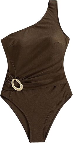 OYOANGLE Women's One Shoulder Cheeky One Piece Swimsuits Ring Linked Monokini Ruched Beach Outfit in Saudi Arabia