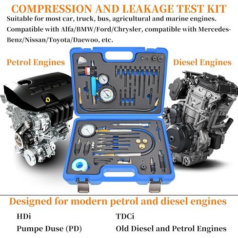 46PCS Compression and Leakage Test Kit Petrol & Diesel Dual Gauge Engine Compression Tester for HDI, TDCi, Pumpe Duse Engine, Automotive Cylinder Leak Down Tester with Dual-Scale Diesel Pressure Gauge in Saudi Arabia
