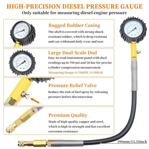 46PCS Compression and Leakage Test Kit Petrol & Diesel Dual Gauge Engine Compression Tester for HDI, TDCi, Pumpe Duse Engine, Automotive Cylinder Leak Down Tester with Dual-Scale Diesel Pressure Gauge in Saudi Arabia