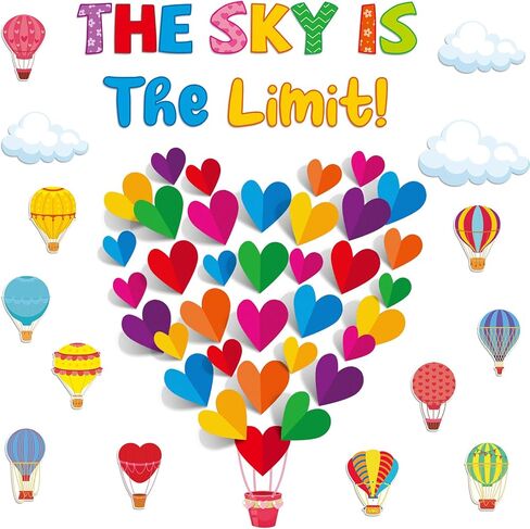 Hot Air Balloon Bulletin Board Set for Classroom Decoration 3D Colorful Heart Cloud Cutouts for Back to School Office Home Wall Door Decor The Sky is The Limit Theme Chalkboard Supplies in Saudi Arabia