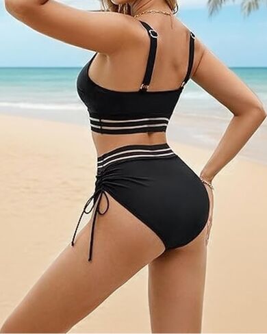 Women's Deep V Color Block Stripe High Waist Bikini Set - Adjustable Drawstring Swimwear in Saudi Arabia