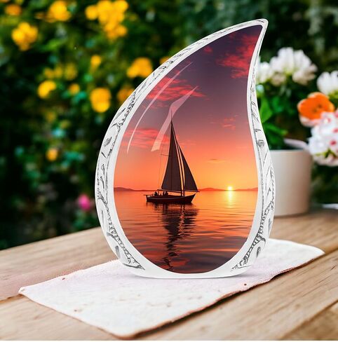 جرة غروب الشمس - جرة حرق كبيرة للرماد البشري للبالغين - ألومنيوم، متعدد الألوان، إبحار غروب الشمس القرمزي، جرة زخرفية in Kuwait