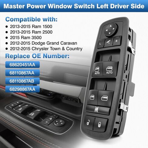 TOP-MAX مفتاح طاقة رئيسي للنافذة جانب السائق 3+9 دبوس لـ 2013-2015 Ram 1500 2500 2015 Ram 3500 2012-2015 Dodge Grand Caravan 2012-2015 Chrysler Town & Country يستبدل # 68110867AA 68110867AB in Saudi Arabia