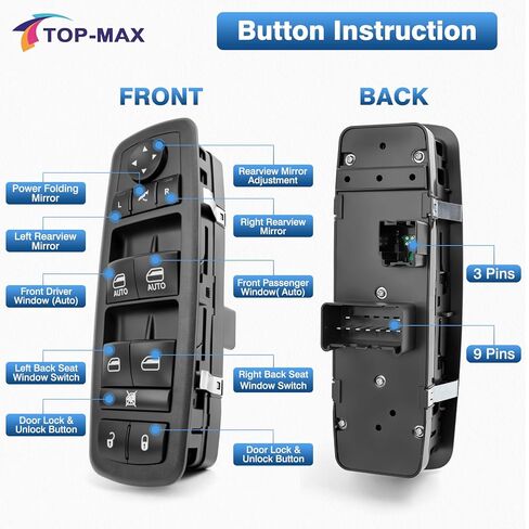 TOP-MAX مفتاح طاقة رئيسي للنافذة جانب السائق 3+9 دبوس لـ 2013-2015 Ram 1500 2500 2015 Ram 3500 2012-2015 Dodge Grand Caravan 2012-2015 Chrysler Town & Country يستبدل # 68110867AA 68110867AB in Saudi Arabia