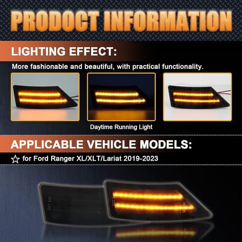 LED Front Fender LED Side Marker Lights Kit for Ford Ranger Lariat XL XLT 2019 2020 2021 2022 2023,Smoked Lens Side Bumper Marker Lamps,2pcs (Yellow) in Kuwait