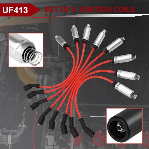 UF413 Square Ignition Coils Set of 8 with 8mm Spark Plug Wires, Compatible with Chevy Silverado Suburban Tahoe, Cadillac Escalade, GMC Savana Sierra Yukon, Buick 4.8L 5.3L 6.0L 6.2L in Saudi Arabia